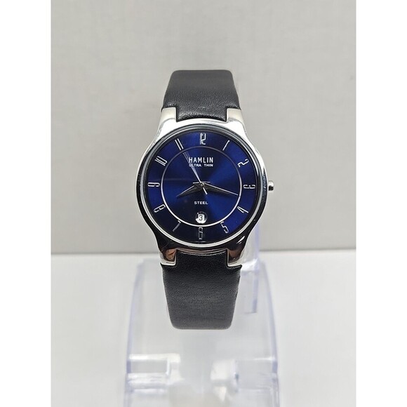 Hamlin Ultra Thin Steel Blue Dial Date Quartz 100 Ft Water Resistant New Battery - Picture 1 of 11